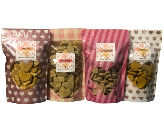 Holidog Valentines Day Collection 💝 Bundle: 4 adorable dog treat pouches with heart-shaped snacks. Save $8 now!